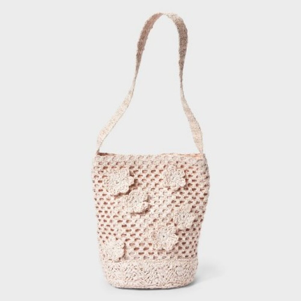 Straw Mini Floral Print Bucket Bag - A New Day™ Pink: Woven Paper Straw
